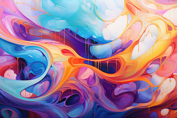 a colorful, abstract painting, with swirling shapes and bright colors