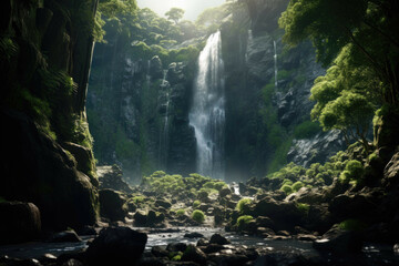 Naklejka na ściany i meble a majestic waterfall cascading down a rocky cliff, surrounded by lush green vegetation