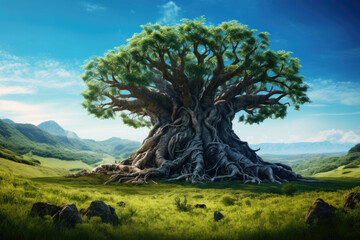 a giant, ancient tree with its roots exposed, surrounded by lush green grass and a vibrant blue sky