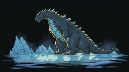 Godzilla water color, cartoon, hand drawing, animation 3D, vibrant, minimalist style. ai generated.