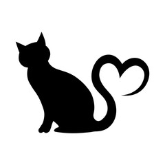 Black cat silhouette, heart shape tail, love animal sign, vector illustration.