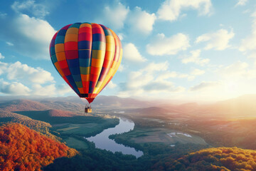 a colorful hot air balloon rising up into the sky with a picturesque view of the landscape below - obrazy, fototapety, plakaty