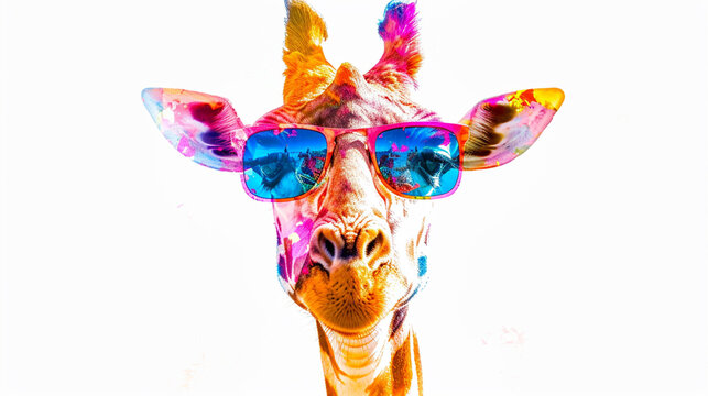 colorful giraffe with sunglasses on white background. with a futuristic color summer. AI Generative