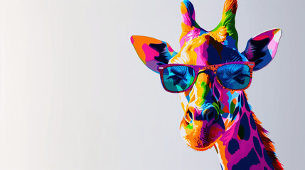 giraffe in sunglasses, art summer animal illustration on white background - obrazy, fototapety, plakaty
