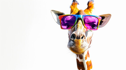 giraffe in sunglasses, art summer animal illustration on white background