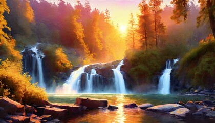 beautiful forest at the morning with waterfall