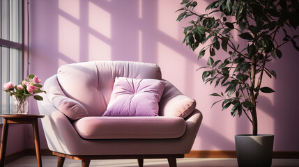 Light stylish furniture, pink and grey armchair with decorative pillow, home style