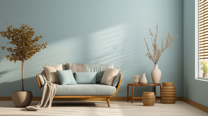 Light stylish furniture, light blue or marine color armchair with decorative pillow, home style