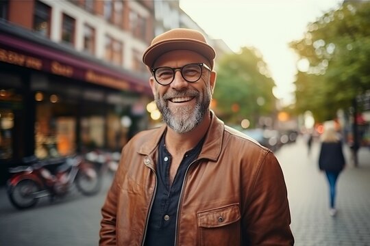 Portrait of a smiling middle-aged man in a hat and glasses on a city street
