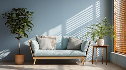 Fototapeta na wymiar Light stylish furniture, light blue or marine color armchair with decorative pillow, home style