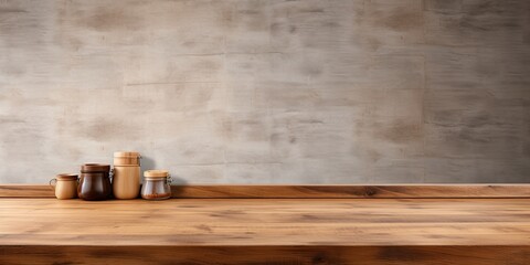 Wooden table, wall background in kitchen, shelf for food and product display, table top banner