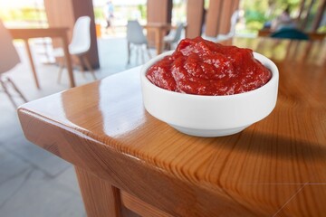 Delicious ketchup tasty sauce in white bowl