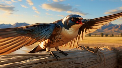 Graceful Barn Swallow Resting on Weathered Wooden Beam in Rustic Setting - AI-Generative