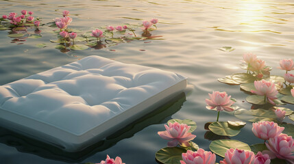 Matress with white linen floating amongst pink and white water lillies on surface of calm water at sunrise, soothing calming vibe