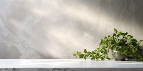 Product presentation backdrop: White marble table with bush shadow on concrete wall texture. Suitable for display and mock-ups.