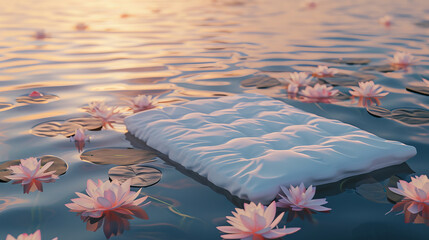 Matress with white linen floating amongst pink and white water lillies on surface of calm water at sunrise, soothing calming vibe