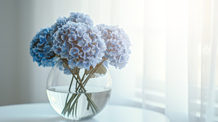 Big bunch of blue hydrangea flowers in big glass vase against white wall