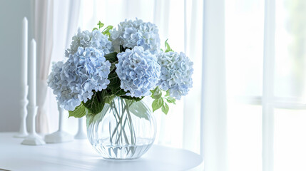 Big bunch of blue hydrangea flowers in big glass vase against white wall