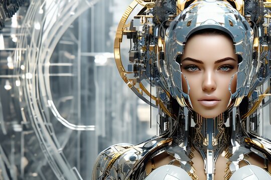 Humanoid Robot Against Tech Backdrop, Face of Artificial Intelligence, Machine Perception, consciousness of artificially created beings