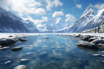 A crystal clear lake surrounded by tall, snow-capped mountains