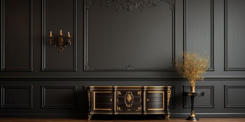 Antique wooden cabinet and a classy golden frame on a dark wall with molding in a luxurious living...