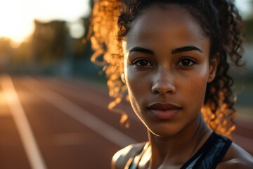 Portrait of african american female athlete on running track - obrazy, fototapety, plakaty