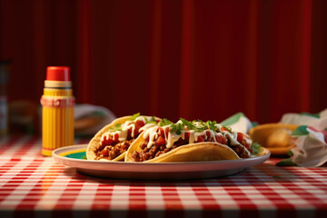 A plate of freshly cooked tacos with salsa, served on a white plate with a red and white checkered tablecloth in the background