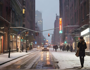 City streets with snow in winter