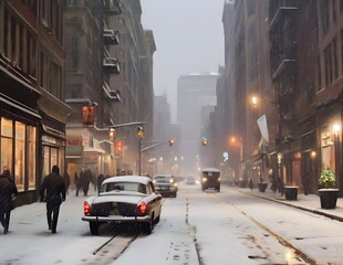 City streets with snow in winter