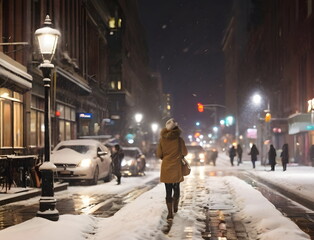 City streets with snow in winter