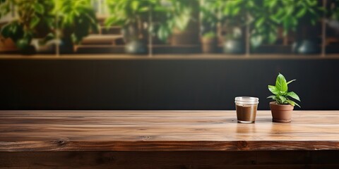 Wooden table in coffee shop can be used for product display/mock-up.