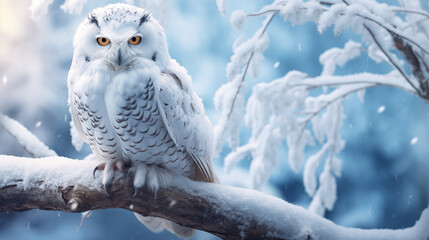A white owl sitting on a branch covered in snow