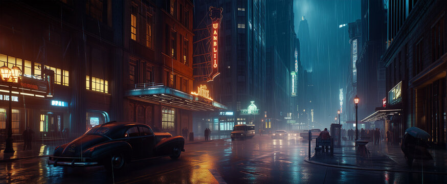 Somber dystopian gotham city at night