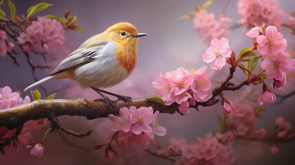 Graceful Bush Warbler Perched on a Delicate Cherry Blossom Branch - AI-Generative