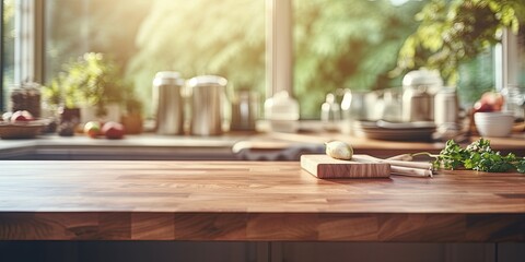Kitchen scene with wooden tables, blurred morning windows. Chopping boards, napkins.