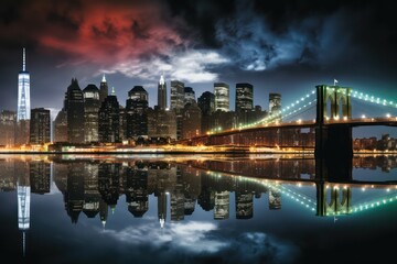 Night view of city skyline, bridge illuminated and reflecting on calm waters.
