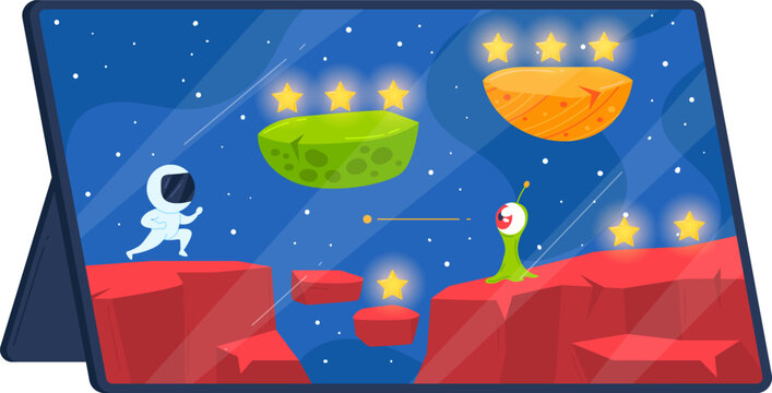 Astronaut on Mars and alien greeting each other, two spaceships flying. Space exploration, intergalactic friendship concept vector illustration.