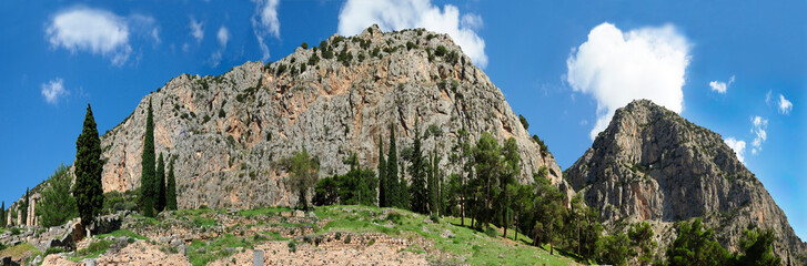A Panorama of a Portion of the Delphi Oracle Ruins and the Mountainous Landscape Surrounding it