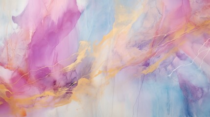 Abstract Pink, Yellow, and Light Blue Fluid Movements with Violet, Gold, and Delicate Marble Ink Lines Watercolor Painting Texture Background