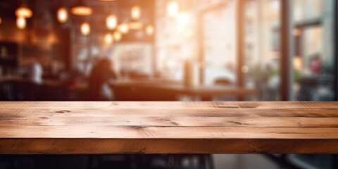 Wooden table with blurred coffee shop background, perfect for product displays or montages.