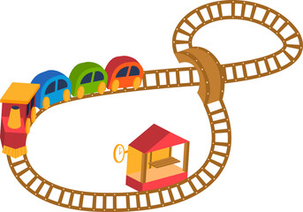Colorful cartoon train on tracks with loop and station. Toy locomotive concept with playful design. Child s toy theme and amusement vector illustration.