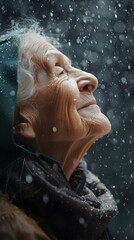 Side view portrait of a smiling elderly white female drenched in the pouring rain, generative AI, background image
