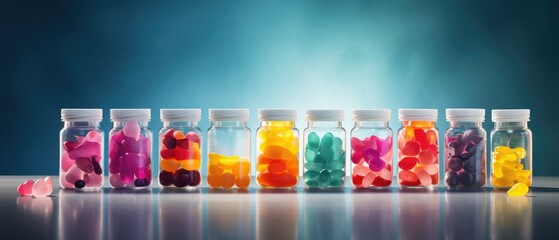 Assorted nutritional supplements in transparent bottles aligned against blue gradient background. Health and wellness supplementation.