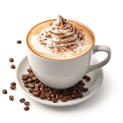 Obraz premium A freshly made cappuccino with a few pieces of chocolate sprinkled on top, isolated on white background