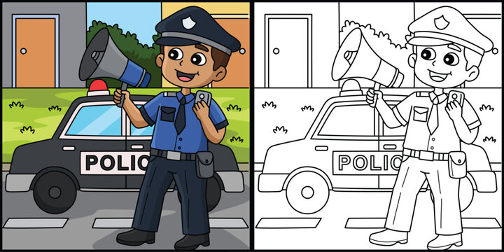 Police Man with a Megaphone Coloring Illustration