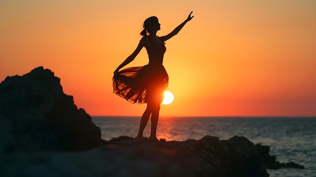 Back view silhouette portrait of a dancing woman against the background of the sunset on the rocks, generative AI, background image