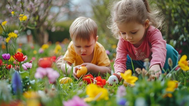Children searching for colorful Easter eggs in a vibrant garden, generative AI, background image
