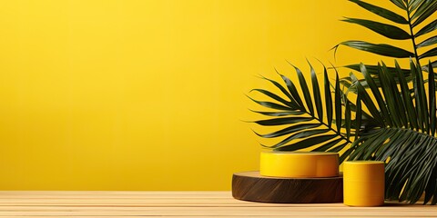Summer-themed product display with empty log and palm leaves on yellow background.