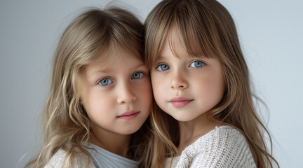 close-ups of two sisters about 8 years old, white background. Lots of copy space