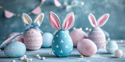 Easter Celebration: Delightful Blue and Pink Bunny-Eared Eggs on Pastel Background Wallpaper